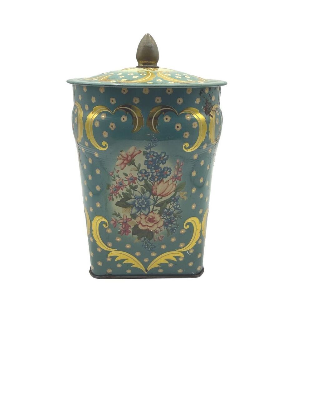 Vintage Decorative Floral Metal Tea Caddy with Lid, Square Shape Round Lid